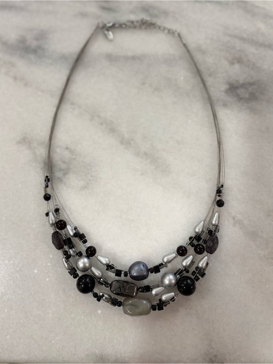 Avenue Jewelry - Avenue Multi-Strand Beaded Statement Necklace Black Silver Gray